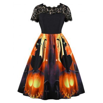 

Pumpkin Spider Print Halloween Retro Dress with Lace, Halloween orange