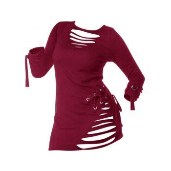 

Long Sleeve Lace-up Ripped Gothic T-shirt, Red wine