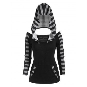 

Hooded Striped Kangaroo Pocket Rivet Cutout Knitwear, Black
