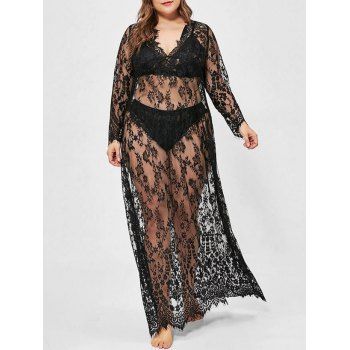 

Plus Size Lace See Thru Eyelash Sexy Dress with T-back, Black