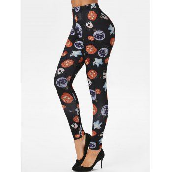 

Halloween Pumpkin Skull Moon Print Skinny Leggings, Black