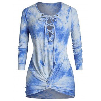 

Plus Size Lace Up Tie Dye Front Twist Knitwear, Dodger blue
