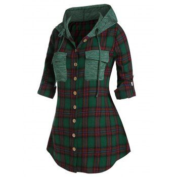 Image of Plus Size Plaid Dual Pocket Roll Up Sleeve Shirt Jacket