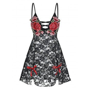 

Flower Embroidered Criss-cross Lace Babydoll, Black
