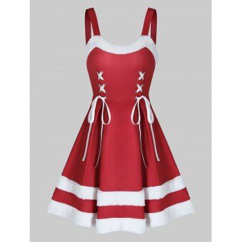

Bicolor Fluffy Trim Lace Up Christmas Mini Cami Dress, Red