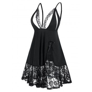 

Flower Lace Insert Bowknot Babydoll, Black