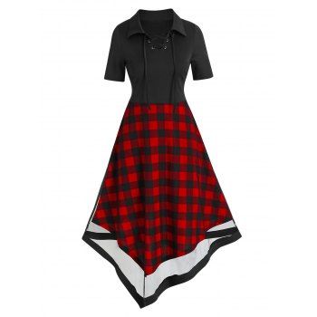 

Tartan Print Lace Up High Waist Asymmetric Dress, Black