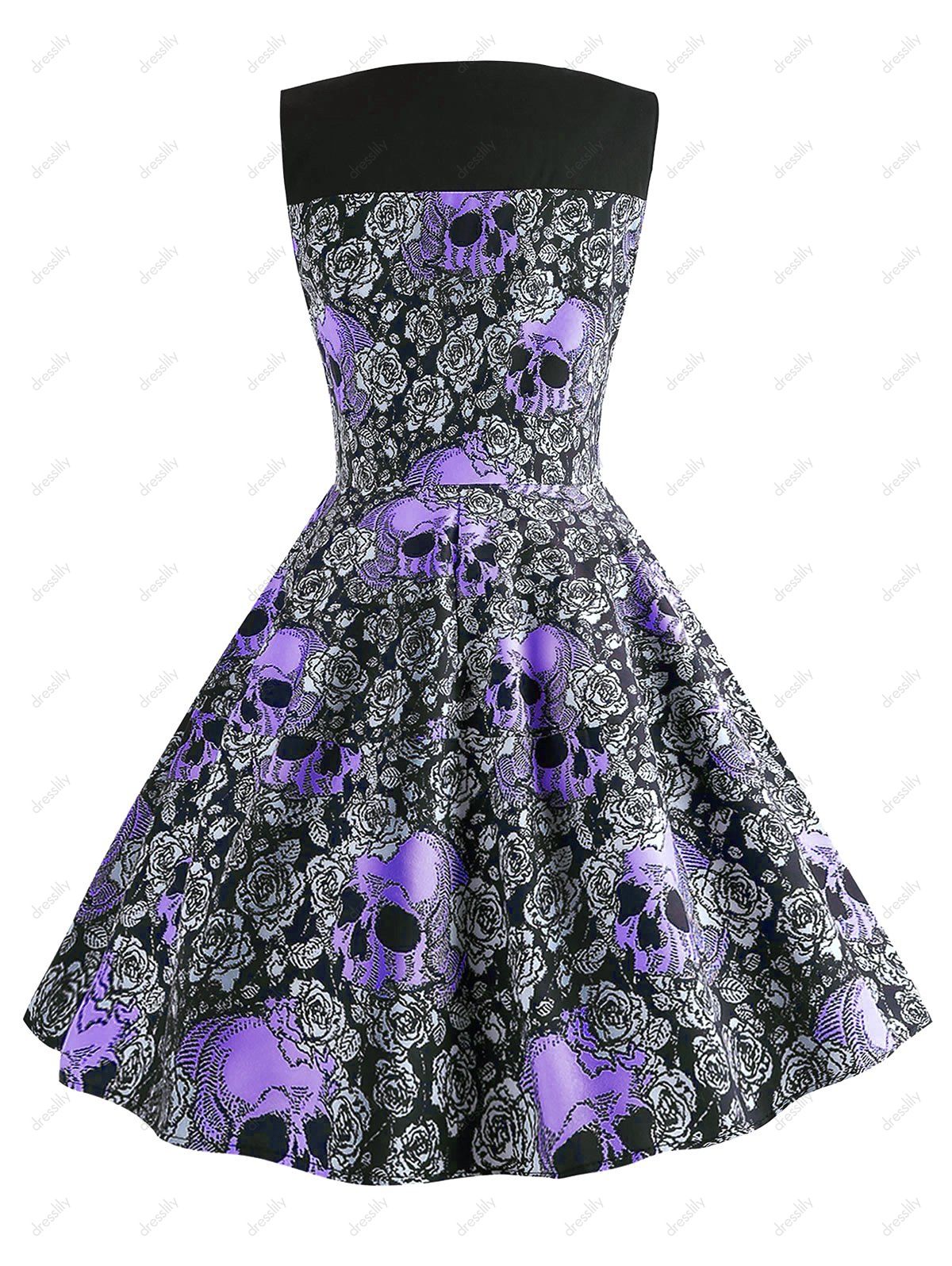 [40% OFF] 2021 Halloween Skulls Flower Fit And Flare Vintage Dress In ...