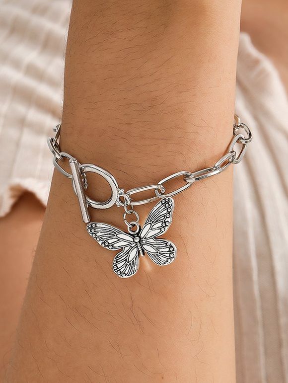 Bracelet en Chaîne Épais avec Pendentif Papillon Gravé - Argent 