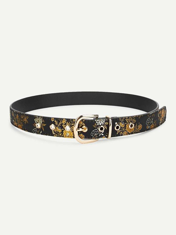 Ceinture avec Boucle à Imprimé Fleurs Style Rétro - Noir 