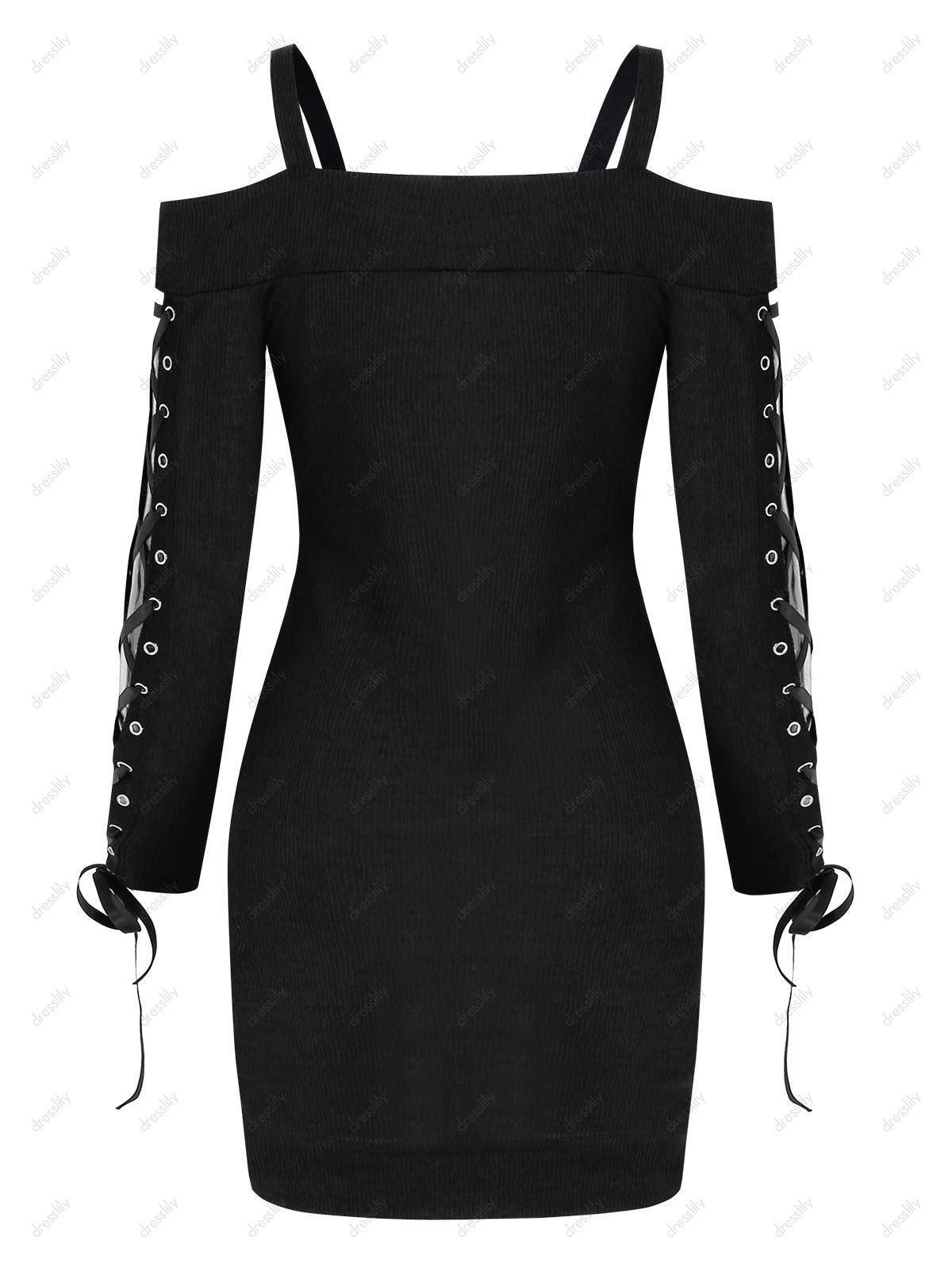 29 Off 2021 Gothic Skull Embroidery Lace Up Sleeve Dress In Black Dresslily 9490