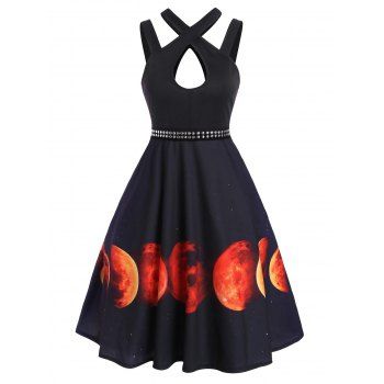 

Halloween Moon Print Rivet Keyhole Sleeveless Dress, Orange