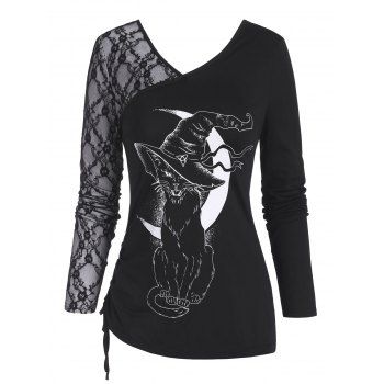 

Lace Panel Cinched Witch Cat Halloween Top, Black
