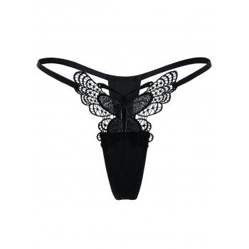 

Lace Insert Thong with Butterfly Pattern, Black