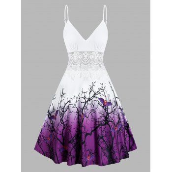 

Halloween Tree Bats Print Lace Insert Cami Dress, Purple