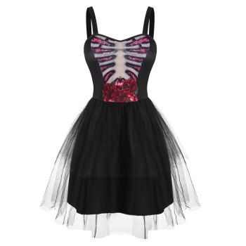 

Halloween Skeleton Flower Lace Insert Tutu Dress, Black