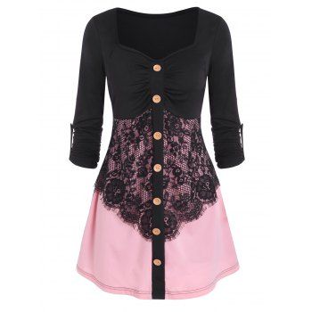 

Flower Lace Insert Colorblock Mock Button T-shirt, Black