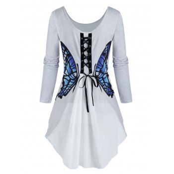 

Lace-up Back Butterfly Print Chiffon Insert T-shirt, Light gray