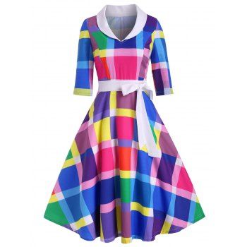 

Side Zipper Bowknot Rainbow Plaid Vintage Dress, Multicolor