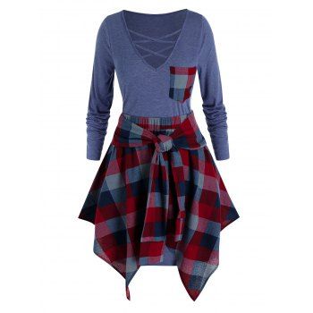 

Plus Size Lattice Tee Dress with Plaid Skirt Set, Slate blue