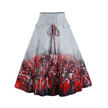 

Trees Print Lace-up Front Skirt, Gray