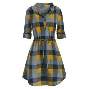 Image of Plaid Print Half Button Belted Dress