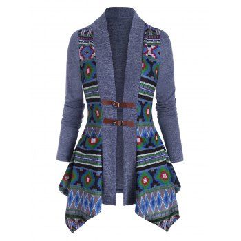 

Buckle Front Pocket Geometric Cardigan, Deep blue