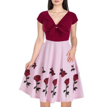 

Raglan Sleeve Rose Flower Print Contrast Dress, Red wine