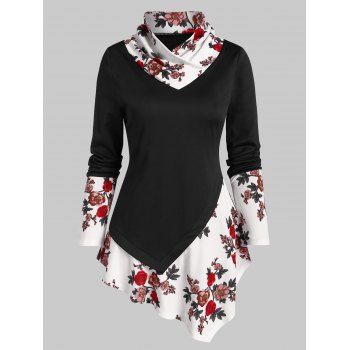 

Floral Print Asymmetrical Faux Twinset T-shirt, Black