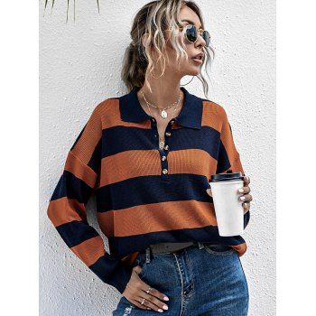 

Two Tone Striped Half Button Sweater, Dark orange