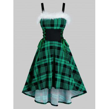 

Plaid Print Lace-up Sleeveless High Low Christmas Dress, Deep green