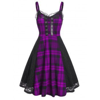 Image of Grommet Checked Printed Lace Insert A Line Dress