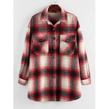 

Plus Size Plaid Dual Pocket Drop Shoulder Jacket, Lava red