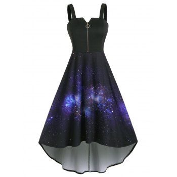 

High Low 3D Galaxy Print Midi Dress, Black