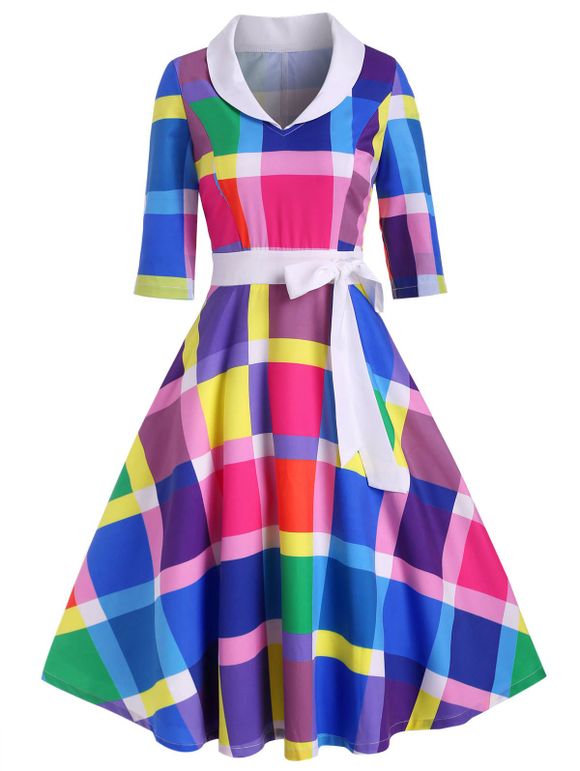 Robe Vintage à Carreaux Couleur Arc-en-Ciel avec Nœud Papillon à Zip Latéral - multicolor XXL