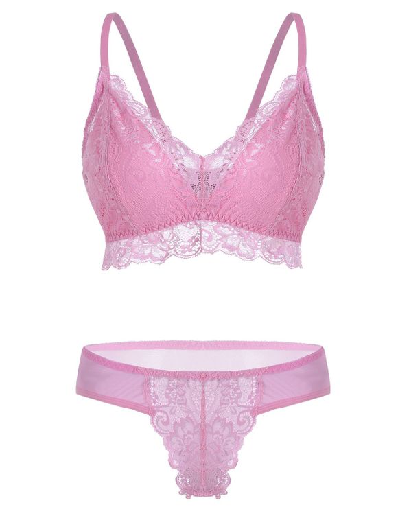 Ensemble de Soutien-Gorge Panneau en Dentelle en Maille de Grande Taille - Rose clair 1XL