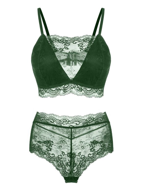 Ensemble de Soutien-Gorge en Dentelle à Treillis de Grande Taille - Vert profond 4XL