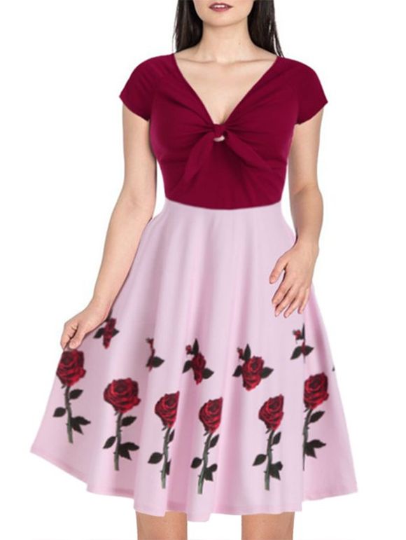 Robe Contrastée à Imprimé Rose à Manches Raglan - Rouge Vineux XL