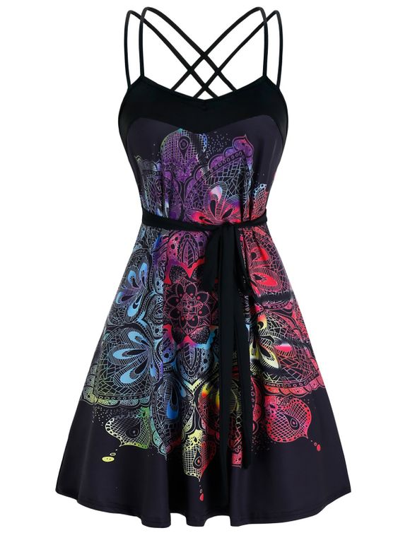 Robe Evasée à Bretelle Ceinturée Croisée à Imprimé Attrape-Rêve Style Bohémien - multicolor B 3XL
