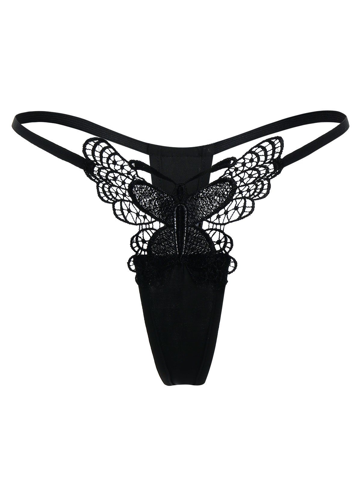 Lace Insert Thong with Butterfly Pattern - BLACK M