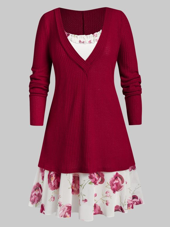 Tricot Plongeant Floral Imprimé de Grande Taille avec Robe à Volants - Rouge Vineux 5X