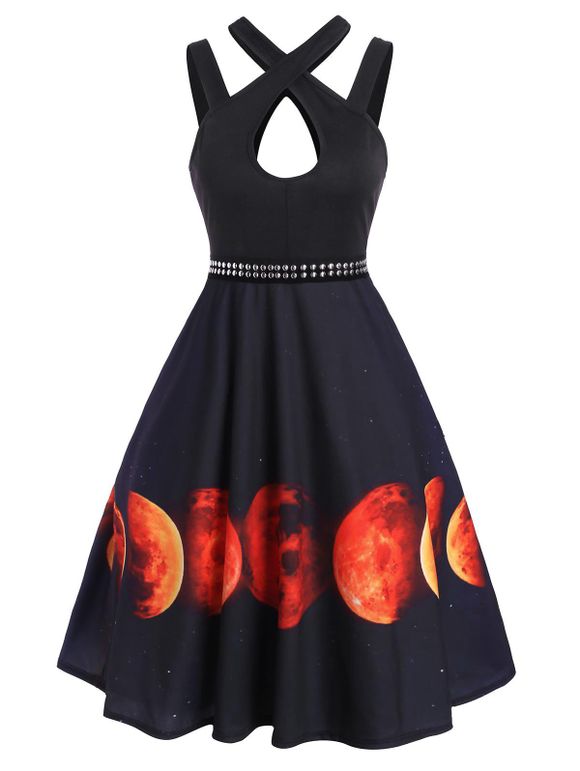 Robe d'Halloween Evasée Lune Imprimée Trou de Serrure avec Rivet sans Manches - Orange S