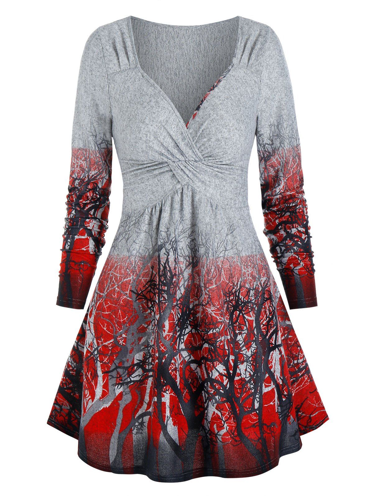 A Line Mini Dress Trees Print Twist Front Long Sleeve Sweetheart Neck High Waist Dress - GRAY XL
