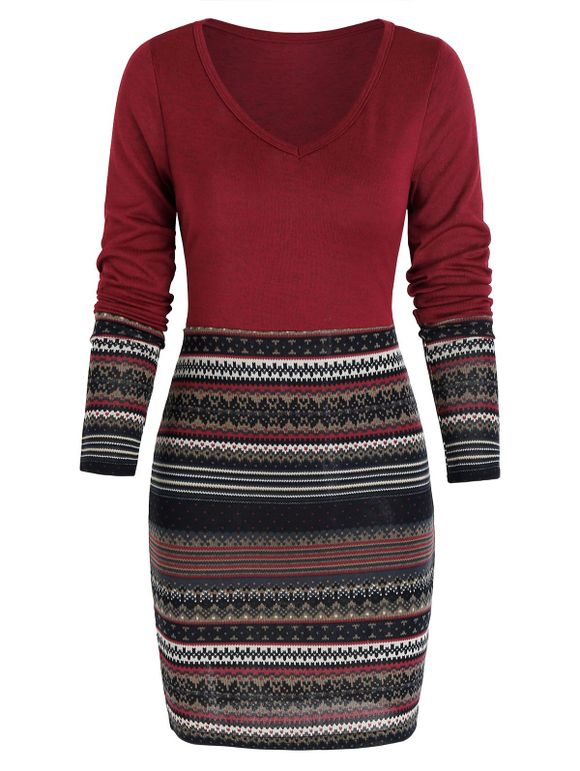 Mini Robe Moulante Tribale Imprimée - Rouge Vineux 2XL