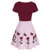 Raglan Sleeve Rose Flower Print Contrast Dress - RED WINE L