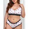 Ensemble Soutien-Gorge Cerise Imprimé à Ourlet en Dentelle Grande-Taille - Blanc 1XL