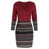 Mini Robe Moulante Tribale Imprimée - Rouge Vineux 2XL