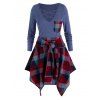 Ensemble de Robe T-shirt de Grande Taille en Treillis et de Jupe à Carreaux - Ardoise bleue 3X