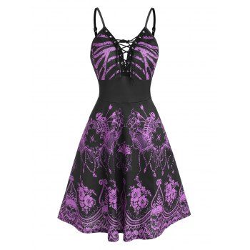 

Halloween Skeleton Floral Lace-up Cami Dress, Purple