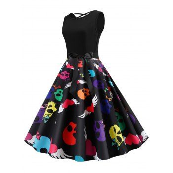 

Belted Lattice Skull Print Heart Halloween Dress, Black